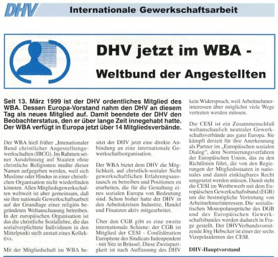 Beitritt der DHV zum Weltbund der Angestellten heute World Organisation of Workers WOW 1999